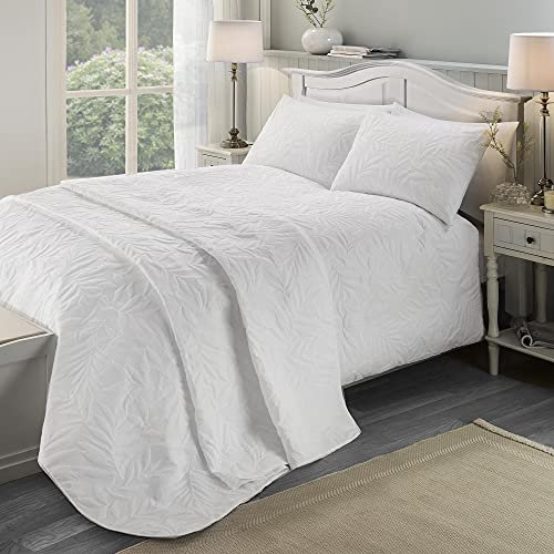 Serene - White Leaf Embossed Duvet Cover - Double Bedding Size (200 x 200cm) - Soft Touch - Leaf/Leaves Embroidery Duvet Cover in White - Luxury Bedding Set - Luana Collection