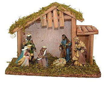 Aurora Store Capanna PRESEPE di Natale Completa di Natività da 6 Pezzi in Sughero e Muschio con Tetto in Legno Artigianale Dimensioni 25x9x h.18 cm