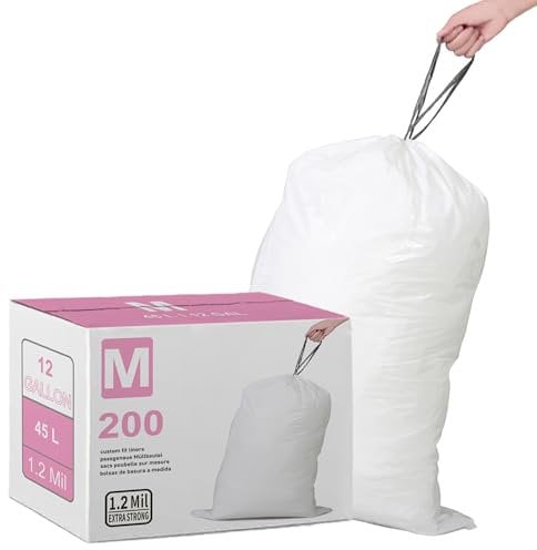 Code M (200 Count) 12 Gallon Heavy Duty 1.2 Mil THICK Plastic Trash Bags with Reinforced Drawstring Compatible with simplehuman Code M White Garbage Liners 45 Liter Leak-Proof & Tear Resistant