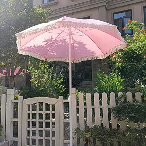 JJ Home 2M Pink Patio Umbrella Garden Parasol, Portable Fringe Beach Parasol, Waterproof, UV Resistant, Outdoor Parasol with Push Button Tilt