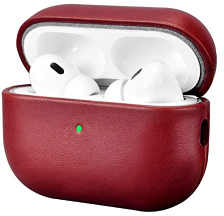 Leder Hülle für AirPods Pro 2 2022, ICARERFAMILY Premium Echtleder Stoßfeste Schutzhülle für Apple AirPods Pro 2 Kopfhörer Leder Case (LED sichtbar) Unterstützung Wireless Ladegerät-Rot