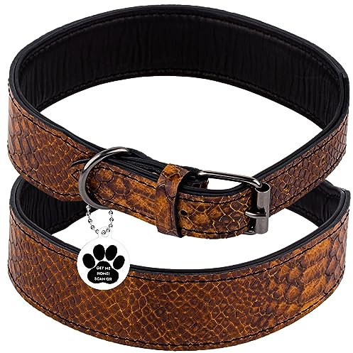 FAVPET Luxus Echtleder Halsband Hund Breit mit QR Code Anhänger, Gepolstertes Hundehalsband Leder Breit, Breites Lederhalsband Hund, Breite Hunde Halsbänder, Welpenhalsbänder Leder (Braun, M)