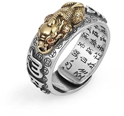 Feng Shui Pixiu Mantra Ring S925 Silver Buddhist Good Luck Amulet Mantra Double Protection Wealth Love Health Ring Gift for Men Women Adjustable,006