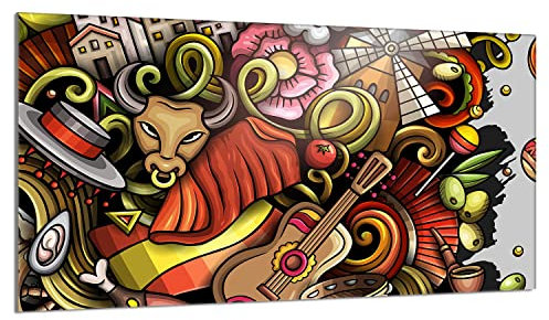 Herdabdeckplatte 90x52 cm 1-teilig Ceranfeldabdeckung Induktion Herdschutz Spritzschutz Glasplatte Deko Schneidebrett, Stier Gitarre