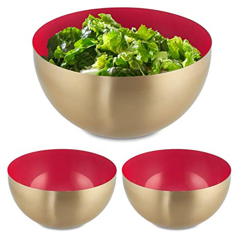 Relaxdays 3x Serving Bowls, Stainless Steel, 2L, Round, Metal, for Salad & Snacks, Baking & Mixing, Ø 20 cm, Red/Gold