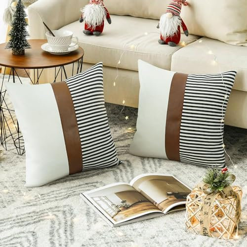 Merrycolor 2er Set Schwarzem Streifen Kissenbezug, Spleißen Leinen Wurf Moderne Akzent-Kissenbezüge aus hellbraunem Kunstleder Landhausstil Kissenhülle für Sofa Gartenbett Schlafzimmer 45x45cm