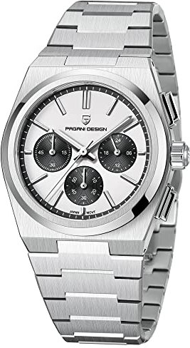 Pagani Design Uhren Herren Elegant Business Sports Quarzwerk Chronograph Armbanduhren Japan VK63 Mit Saphirglas Wasserdicht 100M Analogue Edelstahl (silbrig weiß)