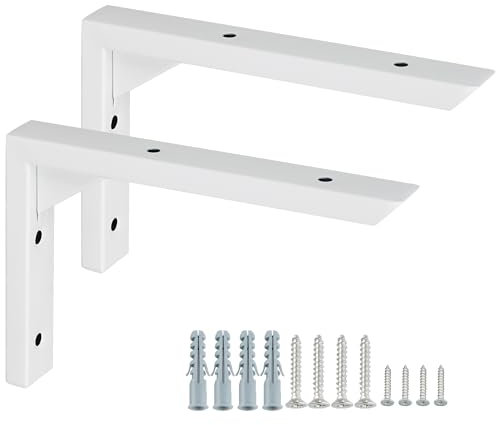 Mooche 2 St. L- Regalhalterungen, 15cm Wandhalterung Metallwinkel, 304 Edelstahl Regalwinkel Regalträger mit Geboht für Wohnzimmer Schlafzimmer Garage, Weiß