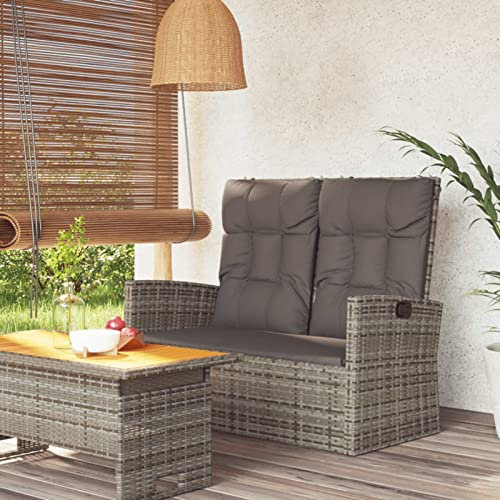 Homgoday Gartenbank mit Liegefunktion & Kissen Sitzbank Bank mit Rückenlehne Rattanbank Terrassenbank Gartenmöbel Balkonbank für Garten Terrasse Balkon Grau 118 cm Poly Rattan