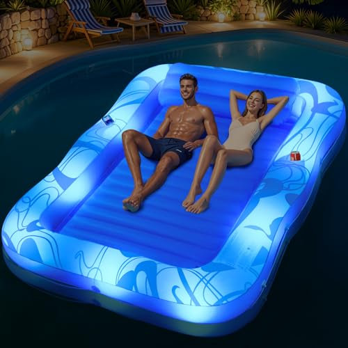 DeeprBetter Colchonetas Inflables Piscina, Energía Solar Colchoneta Piscina Adultos con Luces de Color, 200*150CM Colchonetas Piscina Grande con Almohada & Portabebida, Flotador Hinchable Para Adulto