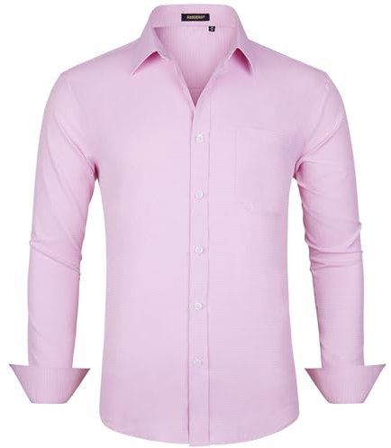 HISDERN Chemise Rose Homme Mariage Chemise a Manches Longues Couleur Unie Style Coton à Poignets Boutonnés pour Affaires Décontractées Taille 2XL