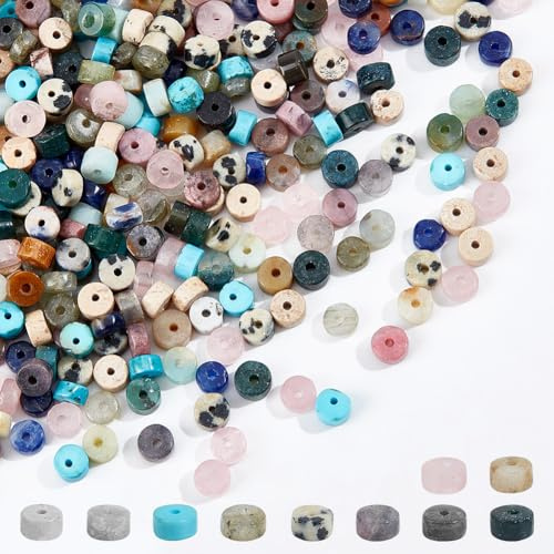 NBEADS Über 300 Stück Naturstein Heishi Perlen, 4mm 10 Stile Gemischte Scheibe Edelstein Perlen Flacher runder lose Spacer Stein Dekoperlen für Armband Schmuck machen, Loch: 0.6-0.8mm