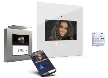 m-e iP Video-Türsprechanlage RFID silber/weiß | Aluminium Außenstation für 1-Familienhaus | 7“ Design-Innenstation flach | Türklingel mit Kamera | Freisprechanlage Video Einfamilienhaus 4-Draht