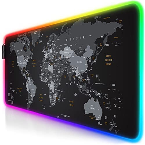 Titanwolf - RGB Gaming Mauspad - LED Schreibtischunterlage - 800x300 mm - XXL Mousepad - LED Multi Color - 11 Beleuchtungs-Modi - 7 LED Farben Plus 4 Effektmodi - abwaschbar - Weltkarte