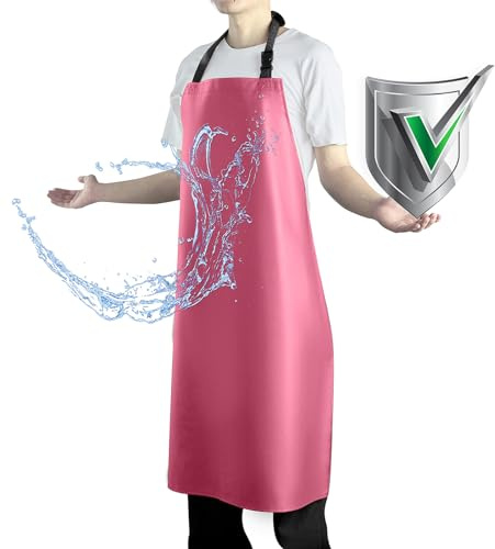 Vammcht Tablier imperméable avec bavoir confortable réglable en caoutchouc vinyle résistant au lave-vaisselle pour homme et femme, rose, taille unique