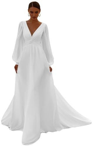 Hochzeitskleid Brautkleider Langarm V-Ausschnitt Standesamt Brautmode Brautkleider, BEDEXU, White 01, 46