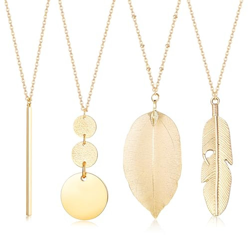 Diamday 4Pcs Long Collier Femme Or Argent Collier Femme Fantaisie Long Pendentif Collier Sautoir Femme Long Chaîne Colliers Barre Plume Cercle Feuille Pendentif Y Collier Mode Chandail Collier Bijoux