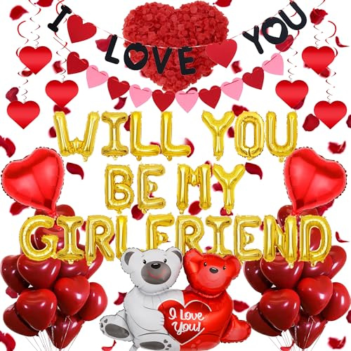 Luftballons mit Aufschrift Will You Be My Girlfriend, romantische Dekorationen, goldfarbene Buchstaben-Folienballons, I Love You-Banner, Herzform, Wirbel, Liebesbär-Folienballon,