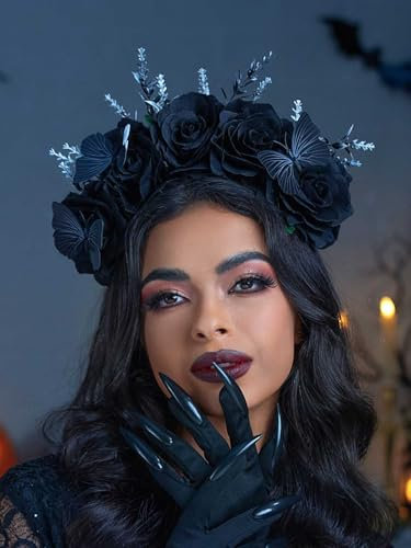 IYOU Jour des Morts Serre-tête Noir Rose Fleur Bandeau Cheveux Papillon Costume Pièce de Tête Rave Carnaval Festival Halloween Accessoires Cheveux pour Femmes