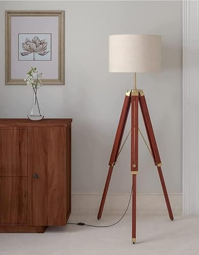 Wood Brown Tripod Floor Lamp Standing Wood Brown Polished Brass Antique Gold Adjustable 5ft Height Lamp Tripod for Living Room Corner, Bedroom, Home, Hotel Pack of 1
