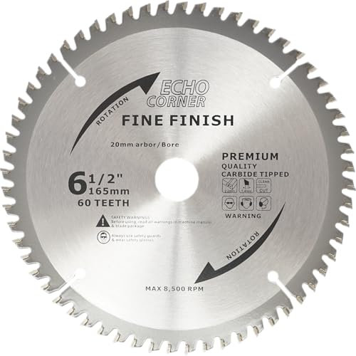 Echo Corner 165mm (20mm Bore) 60-Tooth Fine Finish Wood Cutting Circular Saw Blade, Fine Cut Crosscut Framing Plywood MDF Plastic Veneer Lumber Laminate