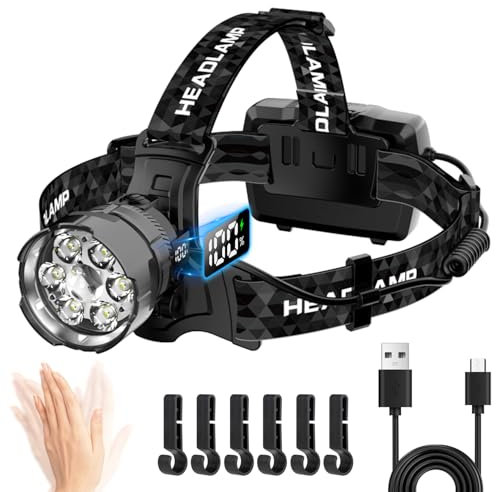 VOPHICHO Torcia Frontale LED Ricaricabile 90000 Lumen Lampada Frontale con Sensore & 7 Modalità, 9000mAh USB Lampada da Testa Regolabile Luce Frontale IPX7 Impermeabile per Campeggio Pesca