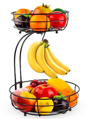 ZDXY 2-Tier Countertop Fruit Basket Bowl with Banana Hanger, Metal Wire Vegetable and Fruit Produce Storage Baskets for Kitchen, Fruits Stand Holder Organizer for Bread Snack Veggies, Black
