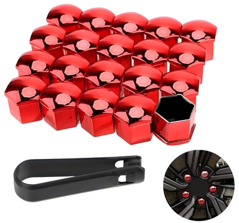 KOMUNJ 20 STK Sechskant-Reifen Muttern-abdeckungen,17mm Mutternabdeckungen,Radmutterkappen 17mm,Radbolzen Kappen,Universal Reifen Mutter,Rad Mutter Cap Mit Entfernung Werkzeug, Rot