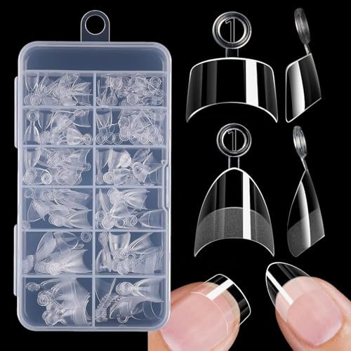 480 Pcs French False Nails Tip Extensions,12 Size Short Almond Gel x Nail Tips Half Cover,Fake Coffin Nail Art Tips Half Clear with Assortment Box,Salon Nails with Handle for Women
