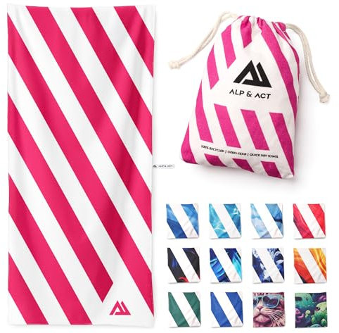 ALP & ACT Strandtuch XXL 200x90 cm - 100% recycelte Mikrofaser - EXTRA LEICHT & schnelltrocknend - großes Microfaser Handtuch für Urlaub & Strand - Badetuch inkl. Baumwollbeutel - pink