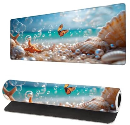 Grand Tapis de Souris XXL 900x400x3mm, Tapis de Souris Gamer Plage avec Surface en Antidérapant Résistant à l'eau Tapis de Bureau Mouse Pad Coquille, sous Main Souris à Bords Cousus pour Bureau O-6