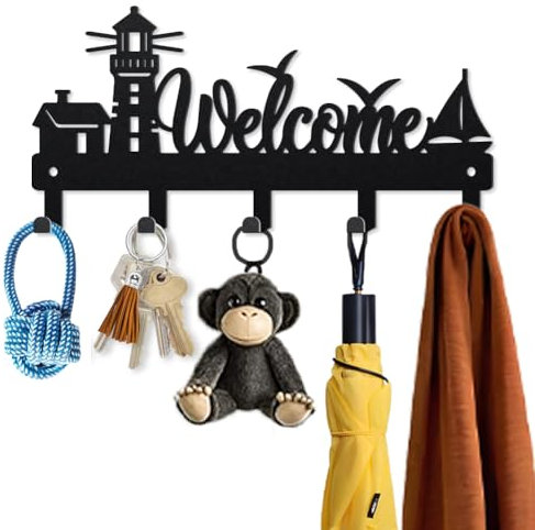 MAYJOYDIY Leuchtturm Schlüsselhalter für Wand 25×12cm Metall Kleiderhaken Wand mit 5 Haken Modern Optik Willkommens Schlüsselbrett für Flur, Eingangsbereich, Küche, Badezimmer (Schwarz)