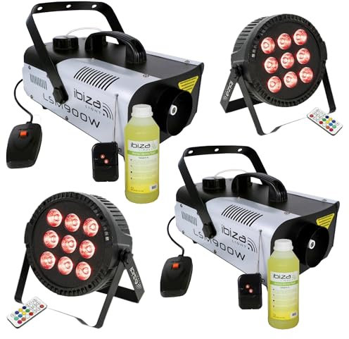 Ibiza Light - Pack Lumière 2 Machines à Fumée LSM900W - 2 Projecteurs THINPAR-9X6W-RGBW - Soirée Anniversaire Dj Fête Mariage