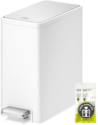 EKO Schmaler kleiner Badezimmer-Mülleimer mit Deckel, Edelstahl, kleiner Mülleimer mit herausnehmbarem Inneneimer, 6 l, Abfalleimer (weiß)