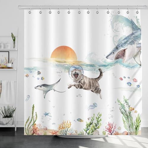 Dazzlewall Tenda da Doccia Gatto Divertente, Pesci e Squalo Tenda per Doccia da Bagno Impermeabile 180x180cm, Antimuffa Tessuto Poliestere con 12 Ganci