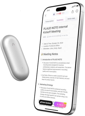 PLAUD NotePin Registratore vocale IA, Controllo tramite app, Dispositivo per appunti IA, Trascrizione e riepilogo IA, Supporto per 112 Lingue, Memoria 64 GB, Registratore audio per riunioni, Argento