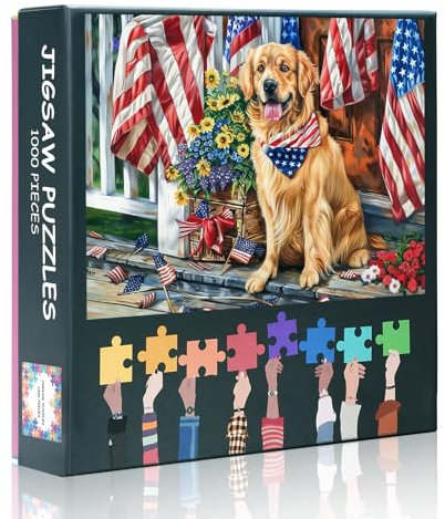 1000-Piece Jigsaw Puzzle for Adults - Golden Retriever Dog with American Flag & Flowers Art, Patriotic Pet Lover Challenging Puzzles, Premium Puzzle Board - 27.5x19.7 Inches