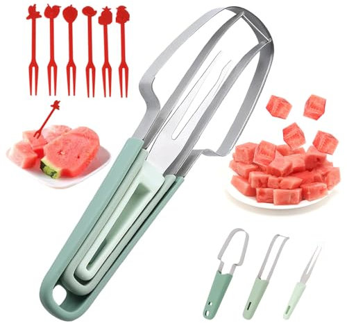 DTXYBC Cortador de Sandía 3 en 1 de Acero Inoxidable, Cortador de Melón Multifunción con 6 Tenedor de Frutas, Cortado de Frutas 3 en 1, Cortado de Sandía, para Casa, Fiesta, Camping
