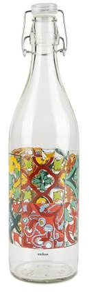 Excelsa Lisbona Bottiglia in Vetro con Decoro, Chiusura Ermetica, 1L