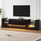 LERFAN Meuble TV brillant de 181 cm pour téléviseur jusqu'à 80, façade en verre, 2 tiroirs pliables, noir