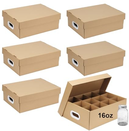 DIICCYO 6 Pcs 16 oz Cardboard Mason Jar Storage Box 16.8 x 12.4 x 6 Inch | Regular or Wide Mouth Jars Canning Boxes with Handles and Dividers, 12 Cells Mason Jar Organizer Canning Jar Storage Boxes