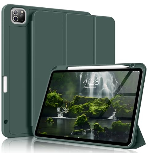 ZKTUYU for iPad Pro 11 Inch Case 4th/3rd/2nd Generation (2022/2021/2020) with Pencil Holder, Slim Trifold Smart Cover with Soft TPU Back, Support 2nd Gen Pencil Charging, Auto Sleep/Wake, Dark Green