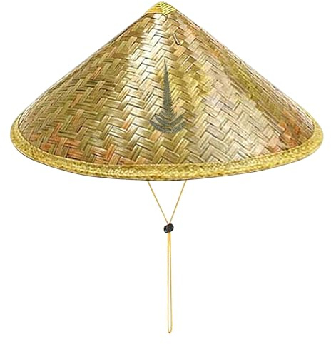 Dranng Chapeau De Bambou De Riz Chinois,Chapeau Coolie en Bambou Asiatique, Tissu Riz Paille Bouchon Pluie,Chapeaux De Paille Chinois avec Cordon Réglable pour Les Femmes Et Les Ho
