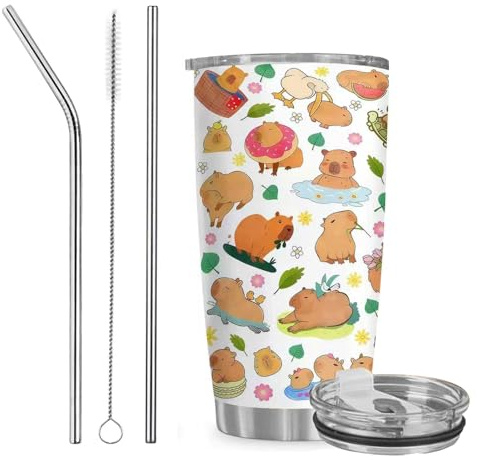 20 Oz Capybara Edelstahl Thermobecher, Capybara Tasse mit Stroh, Strohbürste & Schiebedeckel, Wiederverwendbar Becher für Milch, Kaffee & Bier Capybara Geschenke für Männer & Frauen