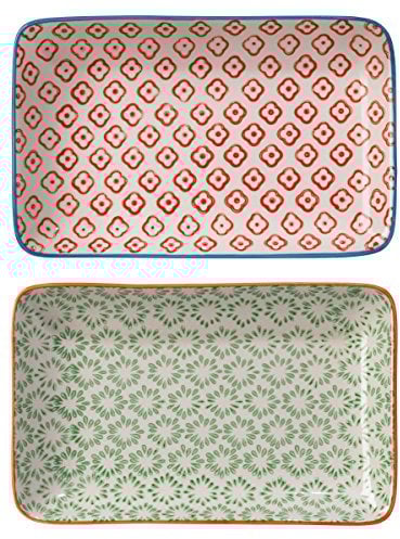 Bloomingville Servierplatten Emma Retro kleine Servier-Teller eckig Vintage rechteckige L 19 x W 12 cm, rot grün, Keramik, 2er Set