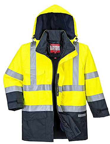 Portwest S779 Bizflame Rain Hi-Vis Constrast FR Jacket Waterproof PU Coated | Yellow/Navy, Medium, EN ISO 20471 Class 3, EN 1149-5, EN ISO 14116, Fleece Lining, Detachable Lining, Two-Way Zip, Reflective