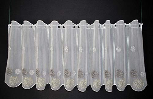 Scheibengardinen Höhe Variabel Scheibengardine bestickte Kugeln 50 cm hoch weiß mit Creme/braun - Wunschbreite frei wählbar durch gekaufte Menge in 15,5 cm Schritten - Meterware