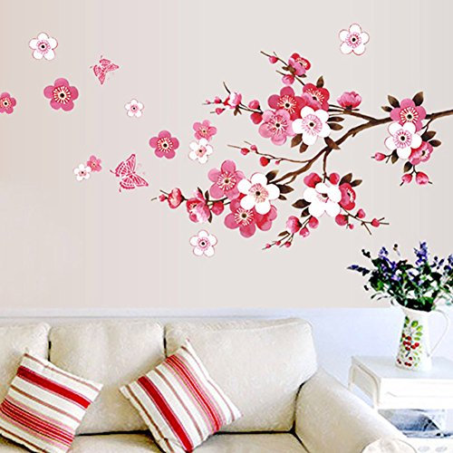 WandSticker4U®- Stickers muraux FLEURS DE CERISIER avec papillons rose rouge (120x50 cm) I sakura vigne floral branche arbre autocollant sticker mural pour salon chambre cuisine carrelage couloir