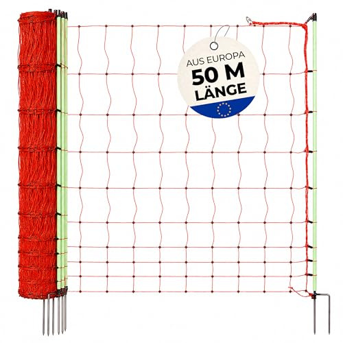 Herkules Geflügelnetz 50m x 112cm - Mobiler Geflügelzaun für Hühner - Elektrifizierter Hühnerzaun mit verstärkter Boden Litze - Stabiler Geflügel Zaun mit 15 Pfählen und Doppelspitze