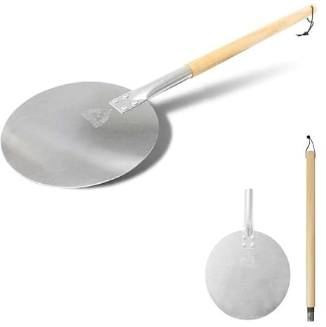 Aluminum Turning Pizza Peel Paddle, 9 inch Diameter Blade, Long 31.5 Handle with Leather Strap - Outdoor Pizza Oven Accessories